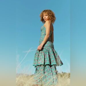 NWT 378 EDDY Helen Tiered Teal and Pink Floral Maxi Dress 100% Cotton Boho Luxe